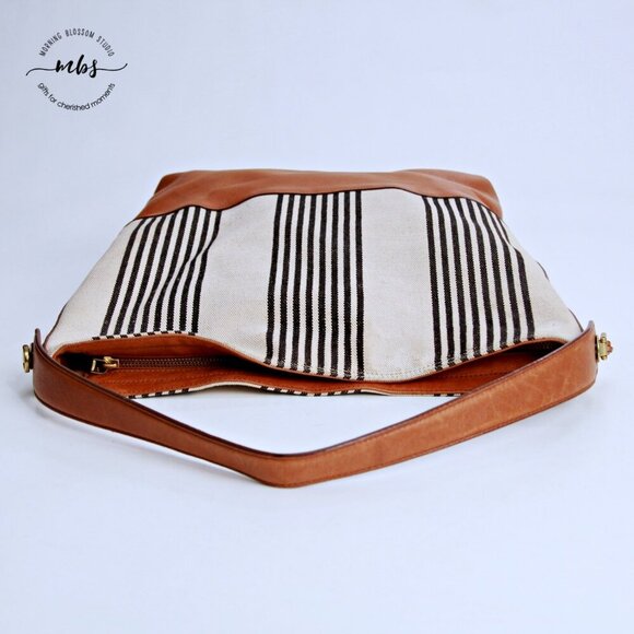 Fossil Stripe Textile Leather Trim Shoulder Handbag - Picture 6 of 14